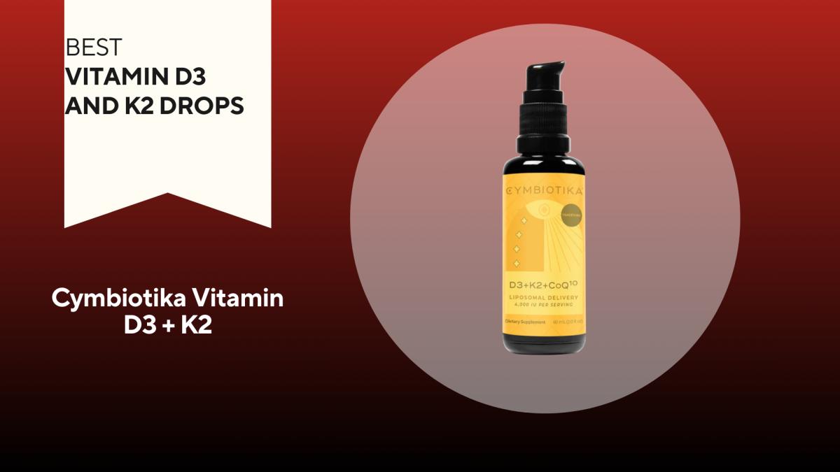 A pump bottle of Cymbiotika Vitamin D3 + K2 is pictured against a red background